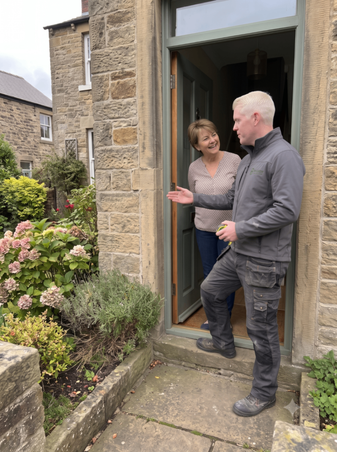 Andy discussing a home repair with a customer at a doorway
